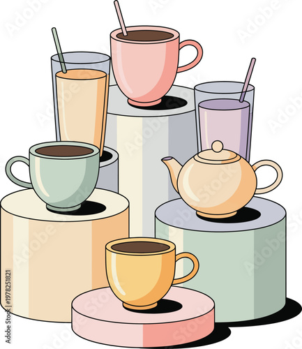Assorted hot drinks collection displayed on pedestals vector illustration.