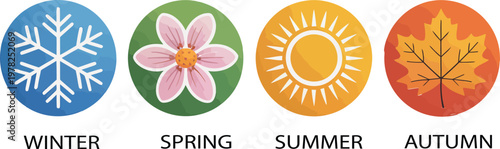 Four seasons icons set with winter spring summer autumn vector illustration.