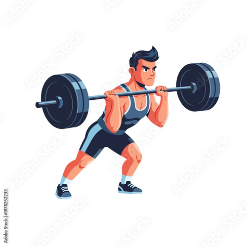 Strong man lifting barbell in a squat position, fitness and workout illustration