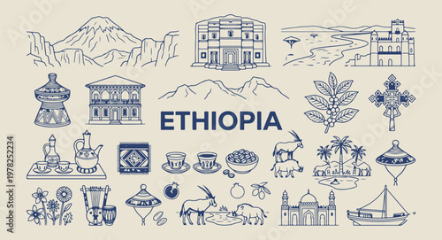 Ethiopia travel icons, African heritage doodles, coffee ceremony illustration, Addis Ababa landmarks, cultural Ethiopian symbols, traditional African vector, Ethiopia tourism graphic

