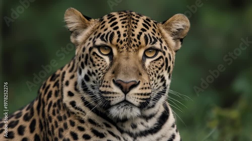 Close-up of a majestic jaguar resting amidst lush green foliage in a dense jungle environment
