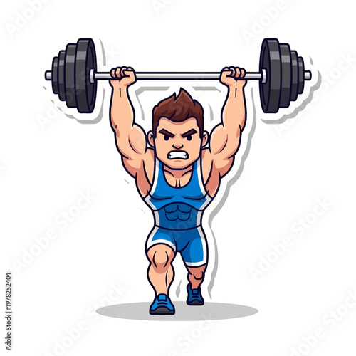 Strong Weightlifter Cartoon Sticker Lifting Barbell Overhead