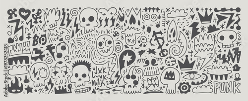 Dark grey doodle with skulls lightning bolts and crowns