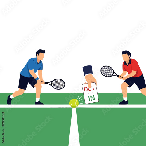 Tennis Players with Line Judge Making an Out or In Call on Green Court