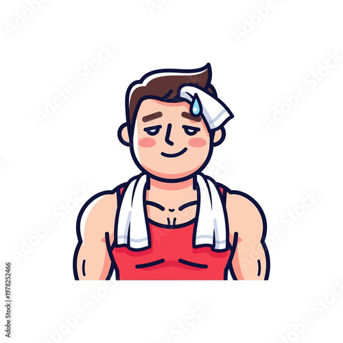 Tired Sweating Man with Towel After Workout, Exercise, or Gym Session. Vector Illustration.