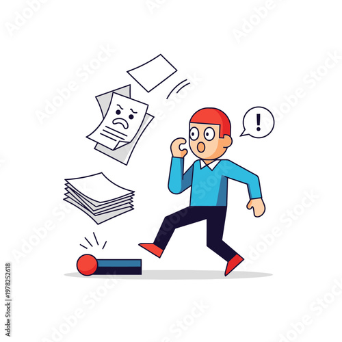 Accidental button press causes chaos with flying papers, symbolizing a mistake or problem