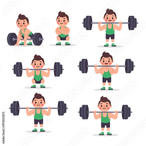 Cartoon boy demonstrating weightlifting exercises with barbell, fitness workout sequence