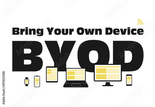 BYOD 私的デバイスの業務活用イメージのイラスト ベクター 白背景