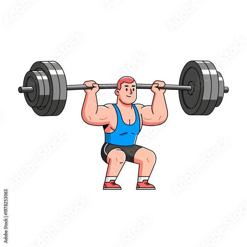 Cartoon man doing barbell squats, strength training exercise, fitness workout illustration