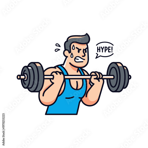 Cartoon Man Lifting Barbell with Intense Effort and Hype