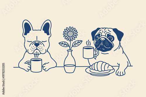 French bulldog and pug enjoy coffee and croissant