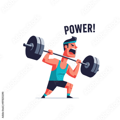Cartoon Man Lifting Heavy Barbell with Power, Gym Workout Illustration