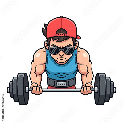Cartoon Muscular Man Lifting Barbell