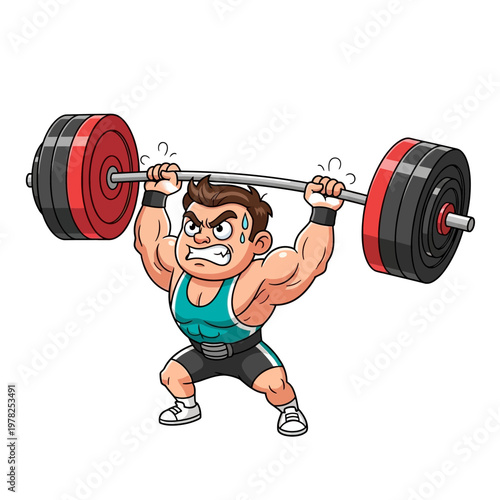Cartoon man weightlifting with heavy barbell, showing intense effort and strength
