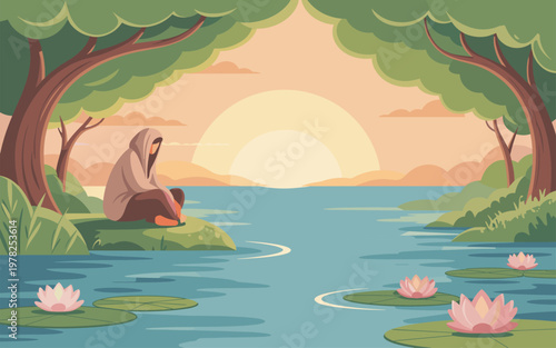 A serene person sits meditating on a grassy riverbank surrounded by trees and lotus flowers at sunset.