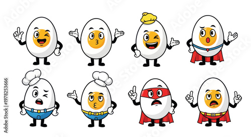 Funny Cartoon Egg Characters with Different Emotions and Costumes