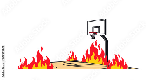 Basketball court on fire, intense game concept, sports illustration