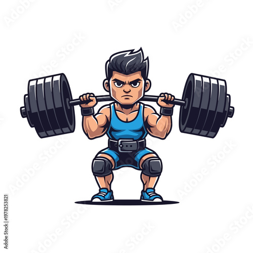 Cartoon Weightlifter Squatting with Heavy Barbell - Strong Athlete Training