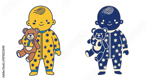 Cute Baby in Pajamas Holding Teddy Bear, Vector Illustration