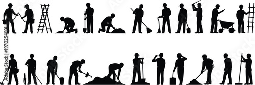 Construction workers and laborer silhouettes set with tools, professional builders and engineers isolated vector design