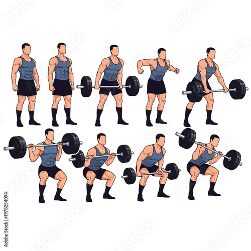 Deadlift exercise guide: Man demonstrating proper barbell weightlifting form step-by-step for strength training.