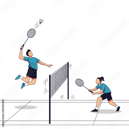 Dynamic Badminton Game: Male Player Jumping to Smash Shuttlecock Against Female Opponent
