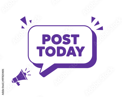 Purple post today text bubble with megaphone on white background