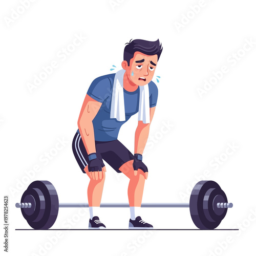 Exhausted Man Resting After Intense Workout with Barbell in Gym