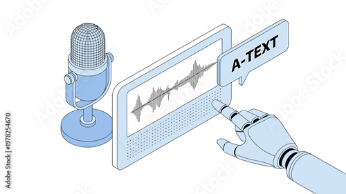 Robot hand interacting with tablet screen displaying sound wave and microphone nearby