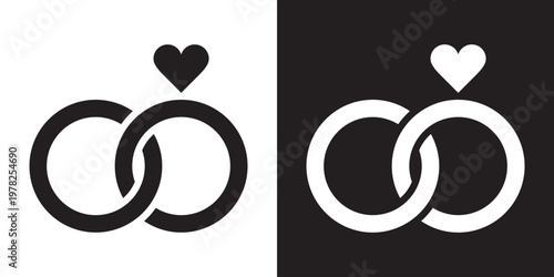 Wedding rings with heart linked together in the symbol of marriage flat vector icon