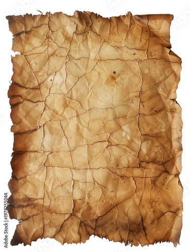 Grungy aged paper sheet with ragged torn edges isolated on transparent background