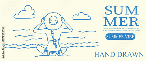 Hand drawn summer poster and background with bikini girl sunbathing at seashore. Trendy blue line art on cream background with ocean waves and clouds, perfect for beach themed designs.