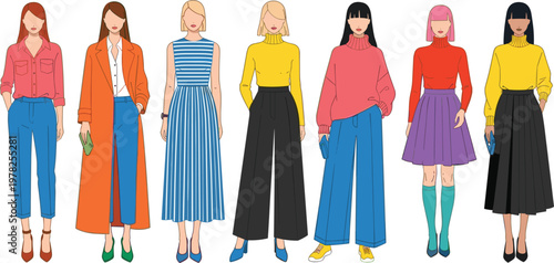 Collection of diverse women fashion models wearing trendy colorful outfits including dresses skirts trousers and coats vector flat illustration for clothing boutique catalog marketing and editorial li