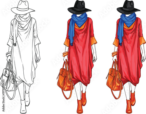 Vector fashion illustration of a woman wearing a stylish red oversized dress with a blue scarf black fedora hat and orange handbag.