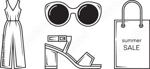 Summer jumpsuit is paired with round sunglasses, strappy block heels, and a shopping bag in this clean linear illustration set for retail fashion advertising.