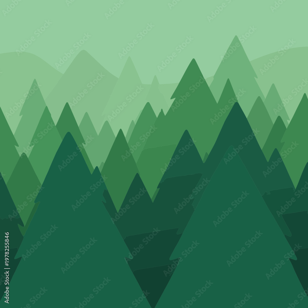 Fototapeta premium Minimalist Green Forest Vector Illustration with Layered Pine Trees Background