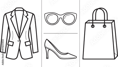 Blazer jacket, cat eye sunglasses, high heel shoe, and a shopping bag are arranged in a clean line art grid representing an elegant fashion retail experience.