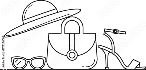 Fashion accessories including a wide brim hat, a handbag, high heel shoes, and sunglasses are depicted in a simple black and white line art style for elegant retail branding projects.