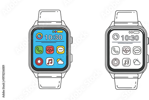 Smartwatch Vector Illustration Set with Digital Screen Icons, Featuring Colored and Line Art Outline Versions for Tech Mockup and Coloring Page Design on White Background