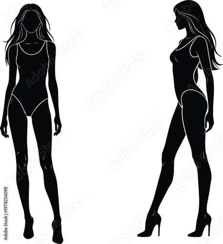 Female fashion model silhouette croquis in front and side view wearing bodysuit and high heels for apparel design and technical sketching.