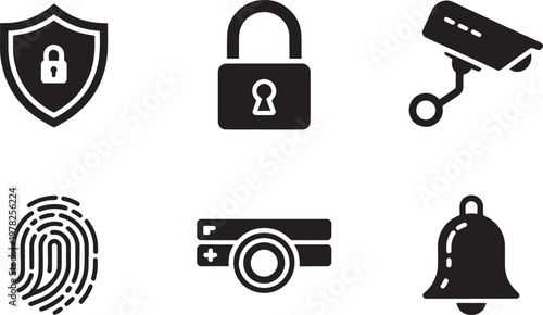 Safety symbols showcase a variety of security measures including a shield, a padlock, a security camera, a fingerprint, and an alarm bell in a minimalist black vector style for professional use.