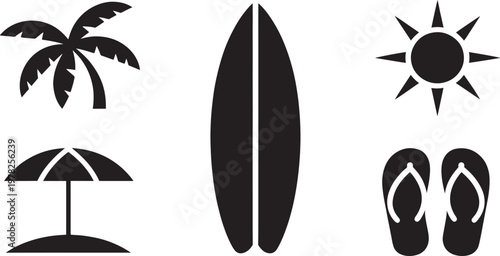 Summer vacation icons represent a set of travel elements featuring a tropical palm tree, a surfboard, a bright sun, a beach umbrella, and a pair of flip flops for a sunny holiday concept.