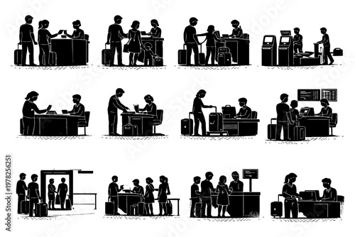 Silhouette vector of diverse airport scenarios with adults and children.