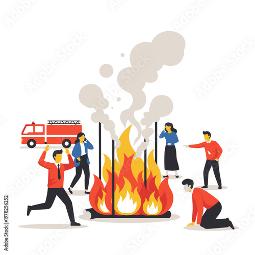 People Panicking at a Fire Emergency with Fire Truck Arriving