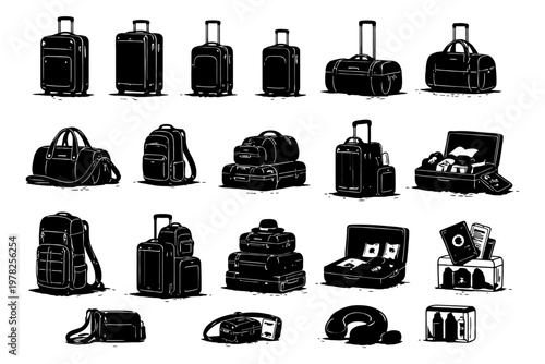 Variety of luggage and bags in various styles and sizes.