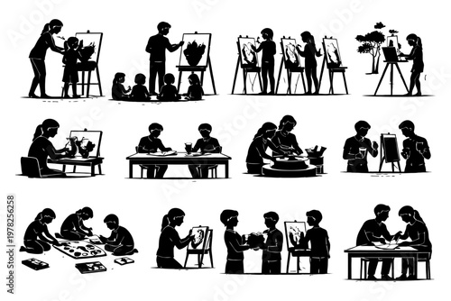 Diverse children engaged in art activities with adults.