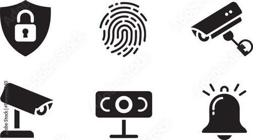 Security icons depict a collection of digital safety symbols including a shield with a padlock, a fingerprint scanner, surveillance cameras, and an emergency alarm bell for protection.