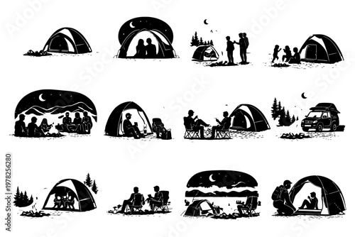 Silhouette scenes of camping activities under moonlit night.