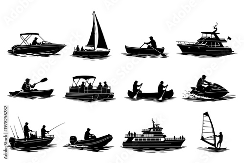 Silhouettes of various boats and watercrafts on water.