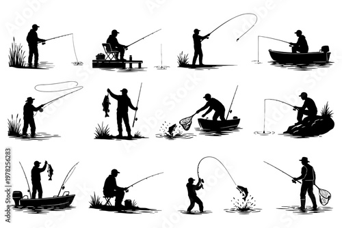 Silhouetted fishing enthusiasts engaged in diverse angling methods.